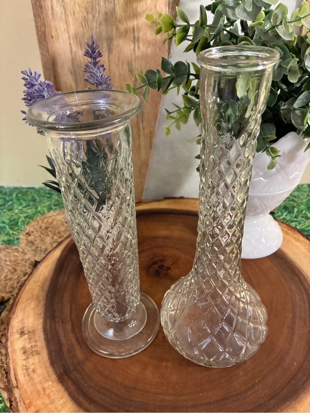 Clear Diamond-Texture Glass Bud Vases - Set of 2